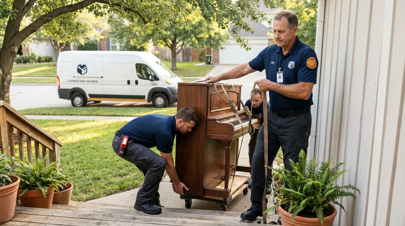 Licensed piano movers securing grand piano in Ardmore, OK