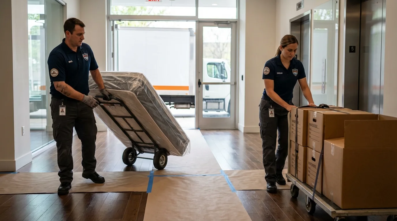 Professional apartment movers loading elevator in Ardmore, OK